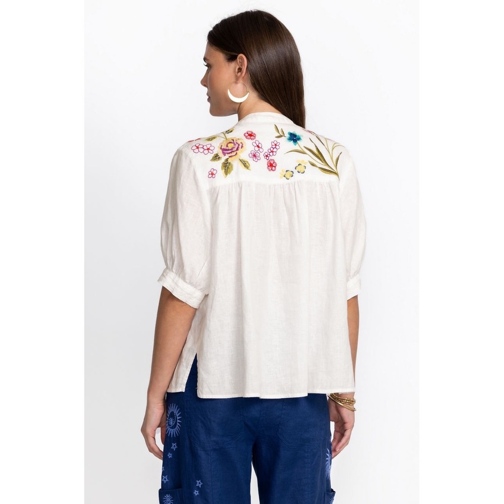 Johnny Was XL Jessi Shirred Yoke Blouse White Linen Embroidered Button Up Top - Picture 4 of 14